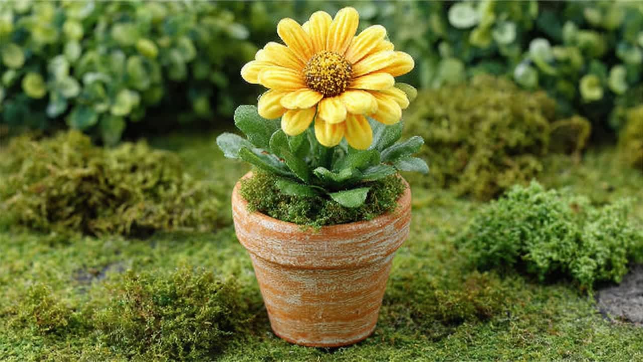 Bunga Kuning yang Cantik di dalam Pot Terracotta Kecil Dikelilingi oleh Tanaman Hijau dan Lumut yang Subur, Sempurna untuk Menambahkan Sentuhan Alam ke Ruang Indoor atau Outdoor Mana Pun