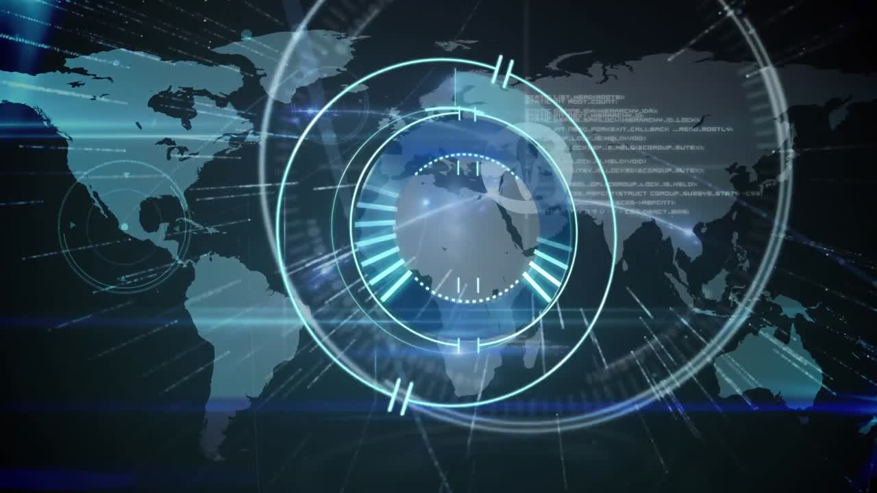 Digital animation of neon round scanner over world map and data processing on blue background
