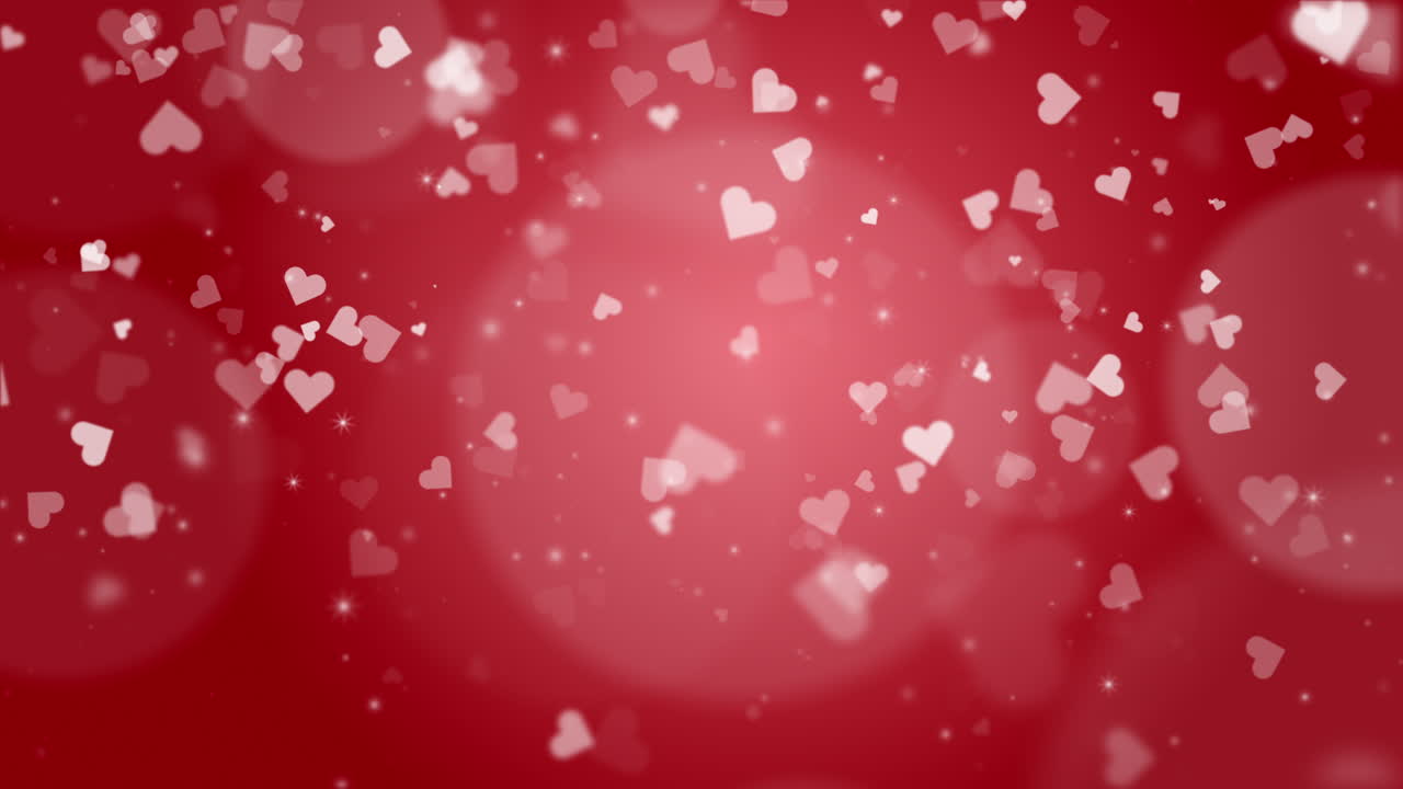 Bright red background Valentine's Day or wedding with falling hearts and highlights. Soft gentle looped animation. Copy space.