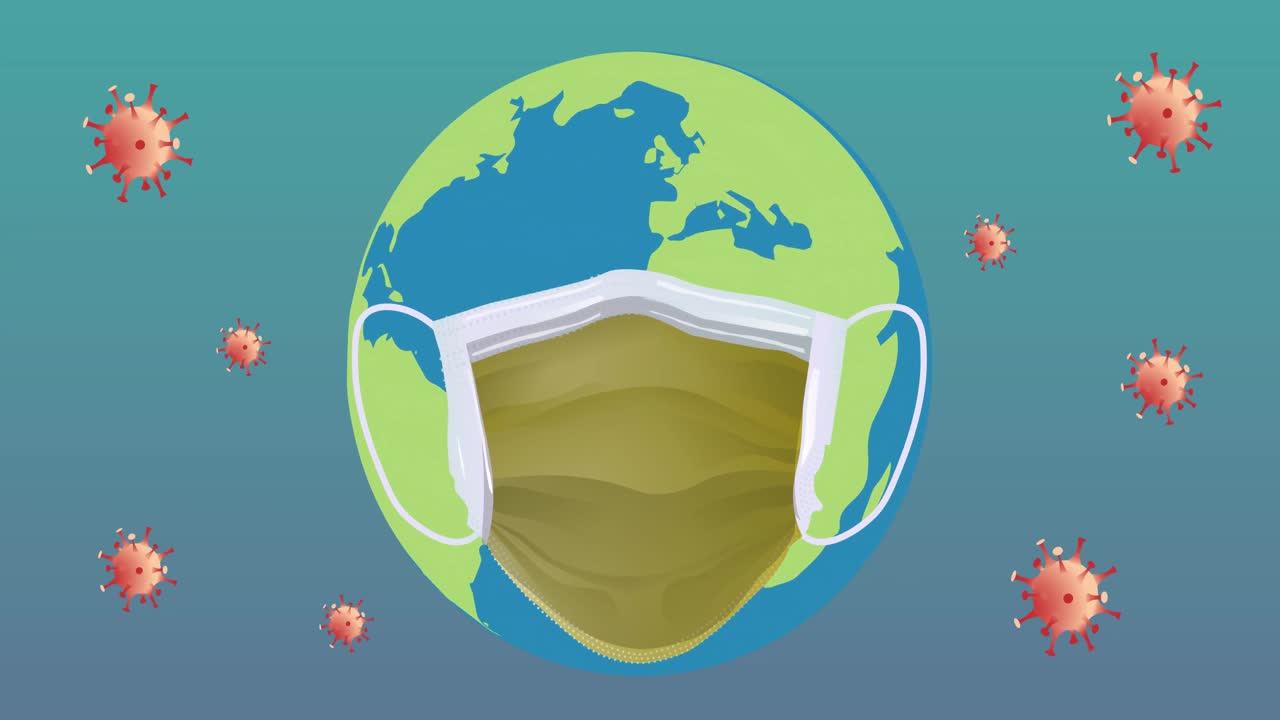 바이러스 세포 위에서 지구에 있는 얼굴 마스크의 애니메이션