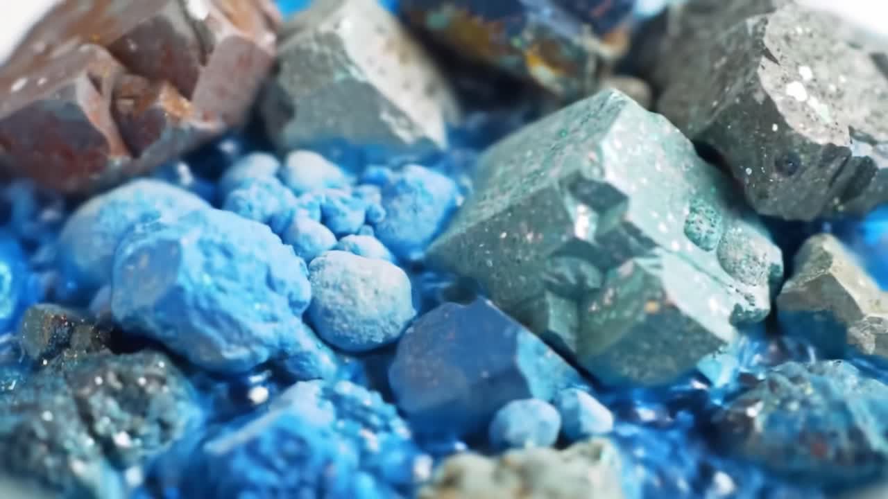 Close-Up View of Vibrant Mineral Deposits in Vivid Blue Solution, Showcasing the Intricate Textures and Colors of Crystals and Stones in a Shimmering Environment