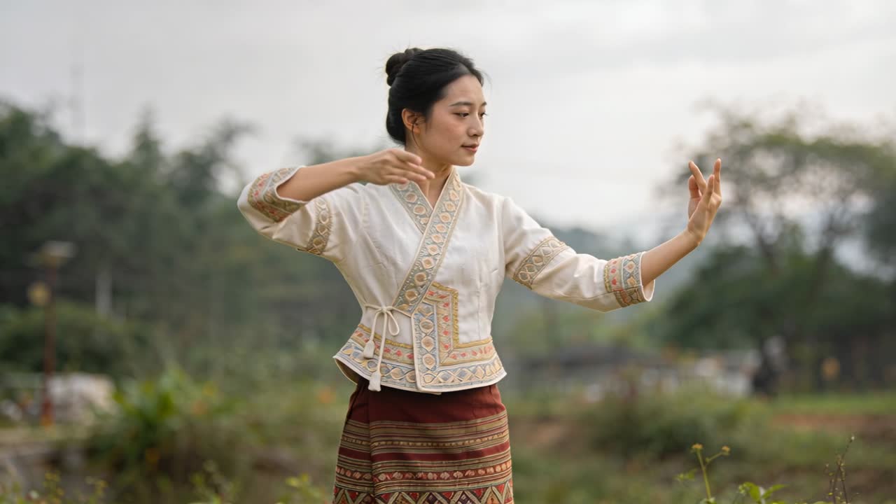 Wanita menari melakukan urutan gerakan tangan dan lengan di rerumputan, mengenakan jaket berbordir dan rok bermotif.