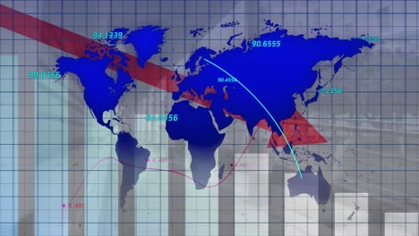 Animation-of-financial-graphs,-world-map-and-arrow-over-grey-checked-background