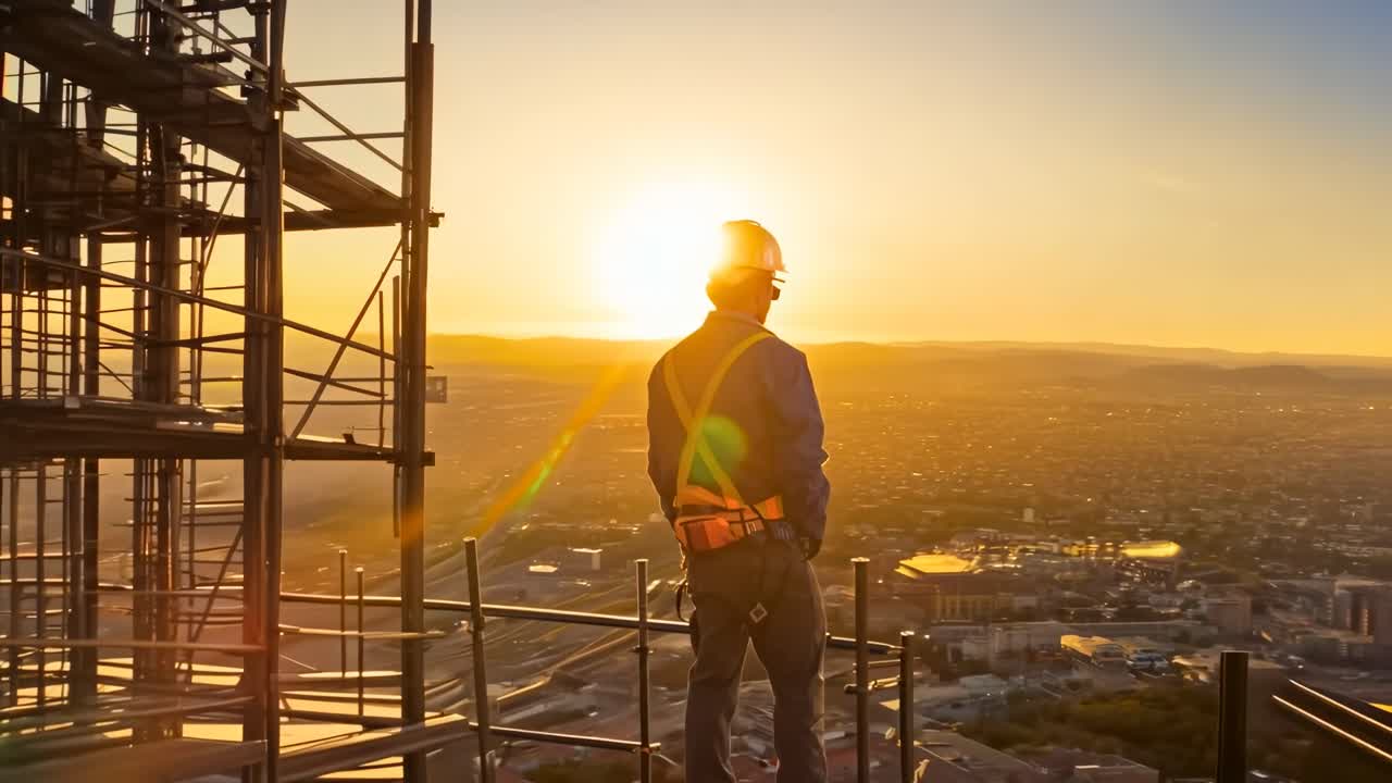Um trabalhador com equipamento de segurança em um andaime, observando uma cidade ao pôr do sol.