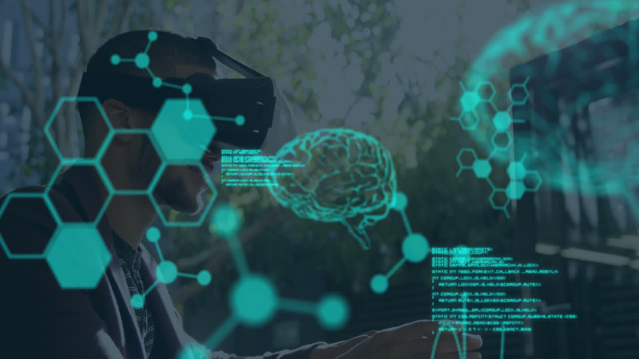 Animation of human brains spinning and data processing over man wearing vr headset