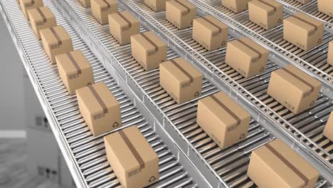 animación de cajas en cinta transportadora sobre el almacén