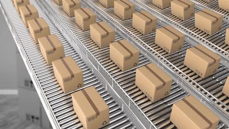 animation of boxes on conveyor belt over warehouse