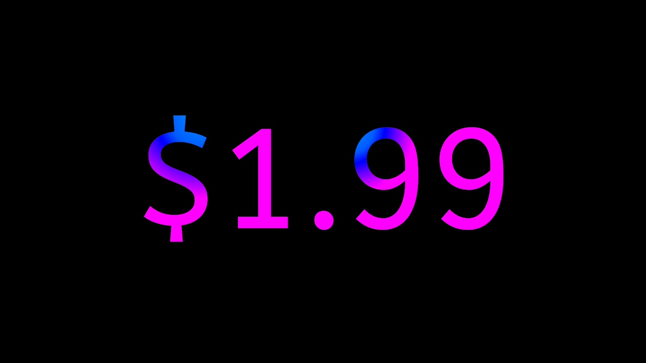 Siyah arka plan üzerinde modern neon fiyat etiketi 1.99 dolar animasyonlu parlayan gradyan para birimi metni hareketli grafikleri, döngülenebilir iş konsepti.