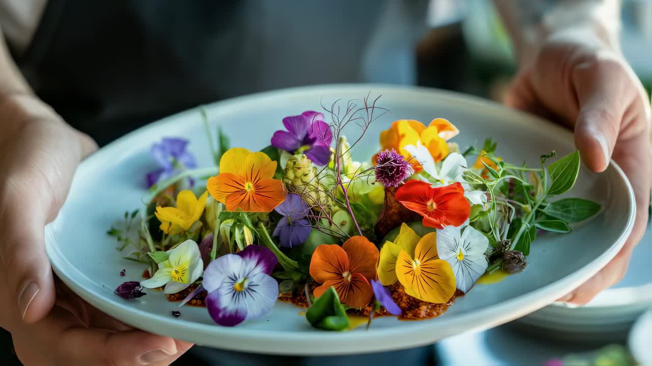 Chef presents a vibrant and artistic salad composed of edible flowers and fresh greens, arranged delicately on a white plate, showcasing culinary creativity and visual appeal