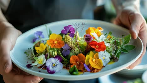 chef presents a vibrant and artistic salad composed of edible flowers and fresh greens, arranged delicately on a white plate, showcasing culinary creativity and visual appeal