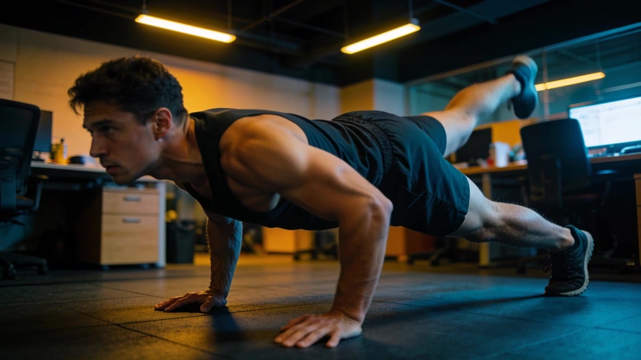 Holding plank, man in black tank and shorts alternating leg lifts on office mat for strength