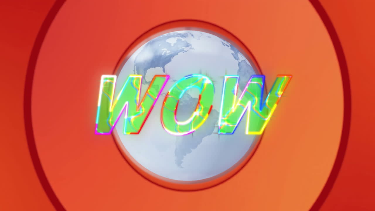 WOW text animation over globe illustration on orange background
