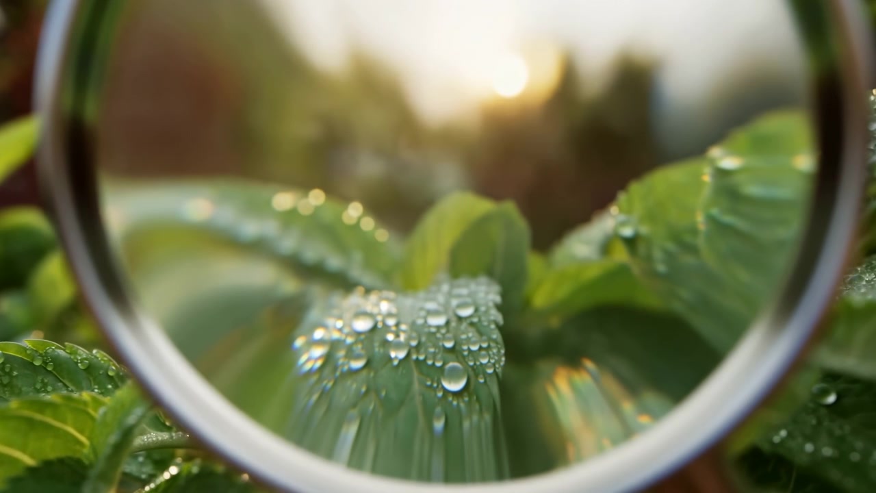 Lupa circular avança em direção à folhagem verde molhada, trazendo gotículas de água agrupadas para uma visão ampliada mais clara, enquanto a luz de fundo dourada, o foco raso e o bokeh suave permanecem ao fundo