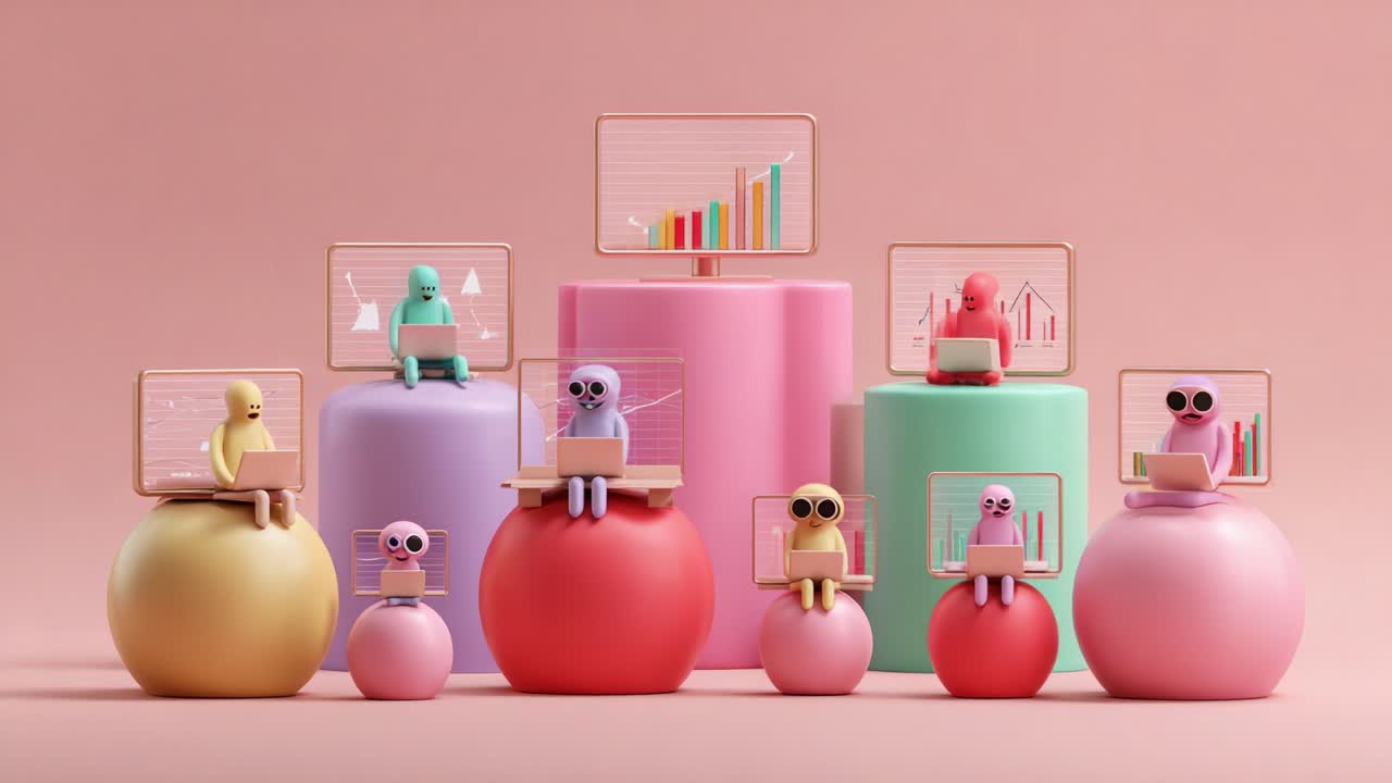 Colorful playful figures engaged in digital tasks are positioned on pastel spheres, with captivating data visualizations displayed on screens, symbolizing technology and innovation in a creative setting
