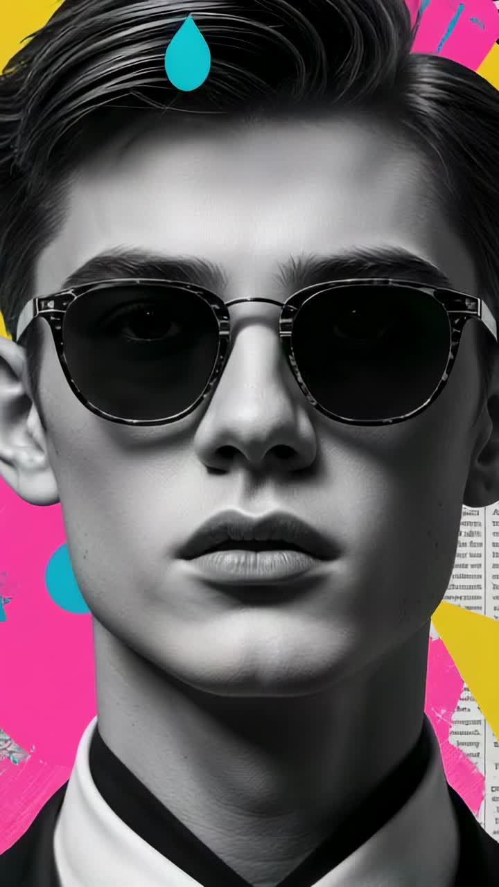 Vertical video: Dropping teal circles swirling around man in suit before pop-art collage backdrop