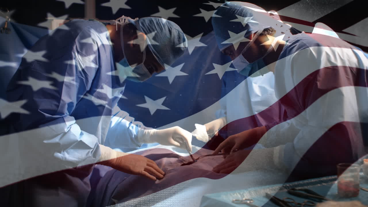 animación de la bandera de los estados unidos ondeando sobre los cirujanos en el quirófano