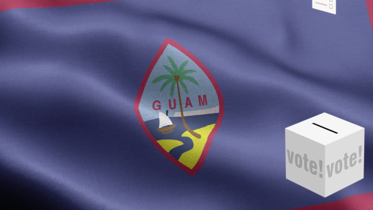 las papeletas de votación vuelan a la caja para la selección de guam - caja de votación frente a la bandera - elección - voto - bandera de gwam - bandera de guam alto detalle - bandera nacional patrón de ondas de guam elementos loopables - textura de tela y bucle sin fin