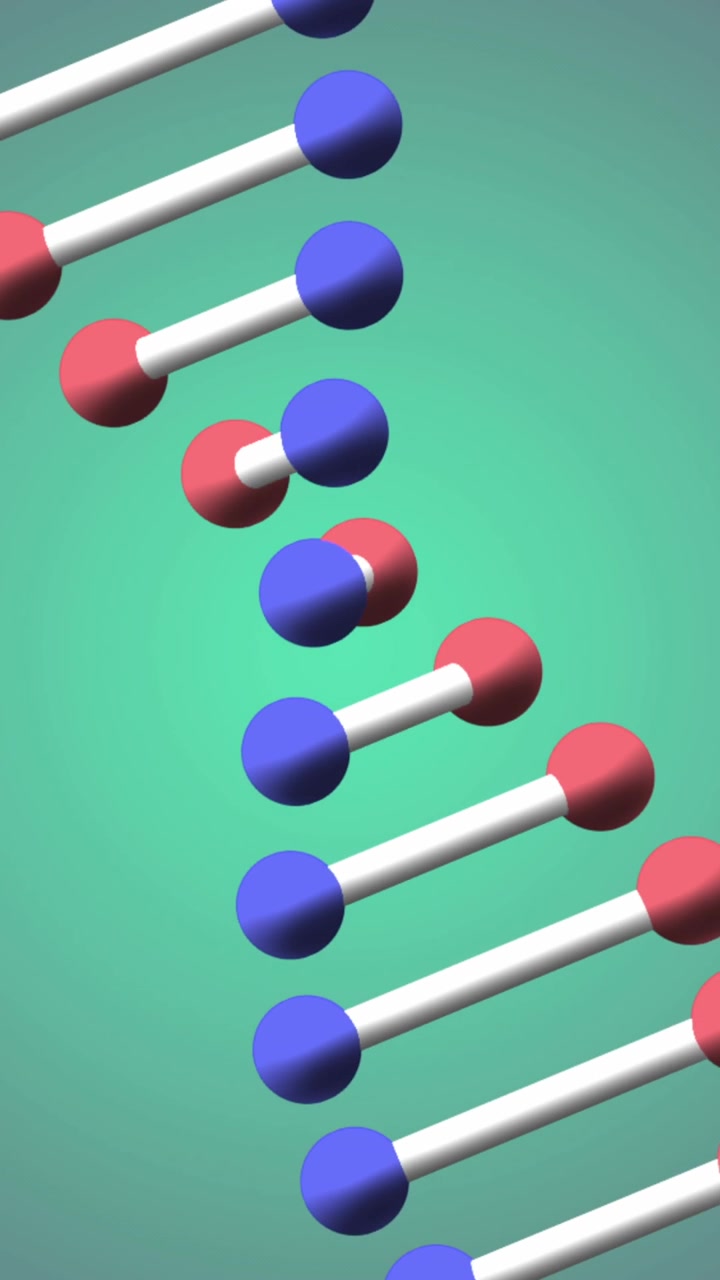 Animazione di struttura del DNA che ruota su sfondo con gradiente viola.