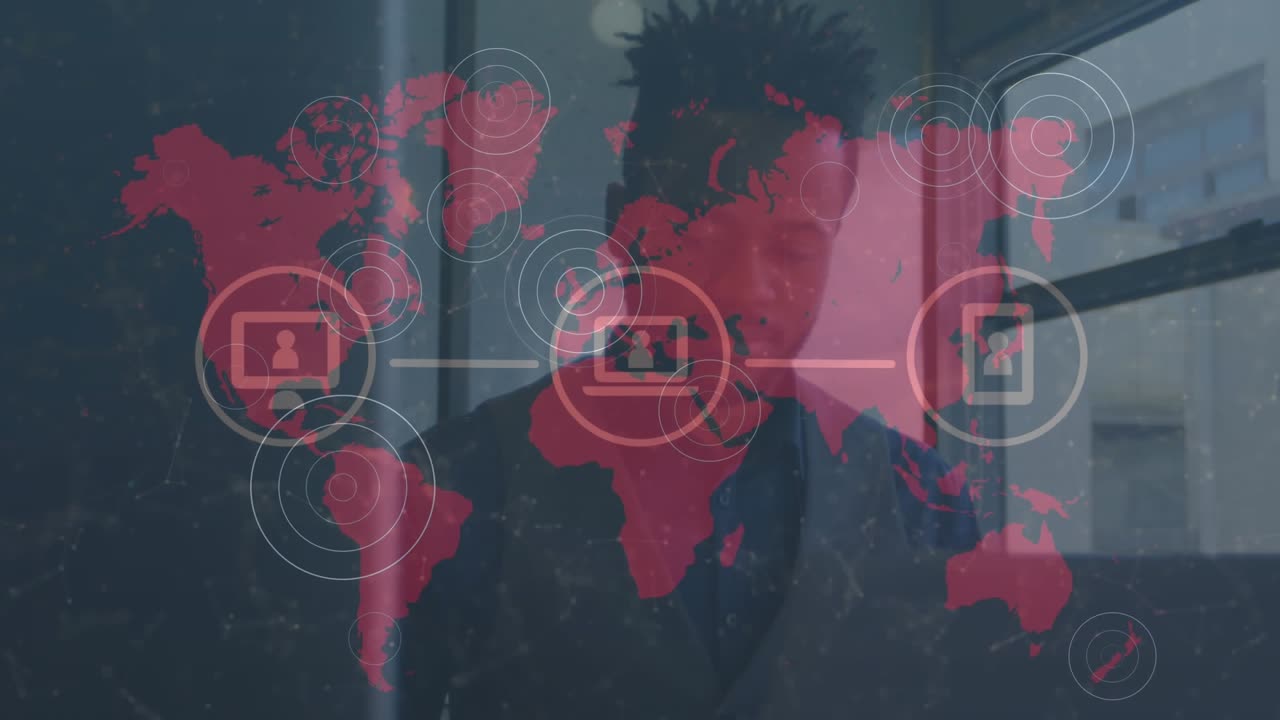 Animation of network of connections and world map over african american businessman people in office