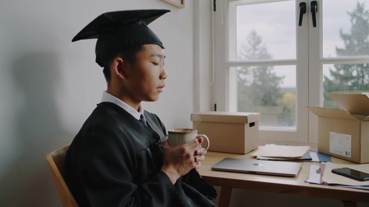 Memegang cangkir, seorang mahasiswa mengenakan toga dan topi wisuda menatap ke luar jendela, kotak-kotak memicu pikiran, dengan ruang untuk teks.