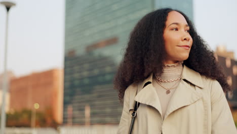 Business-woman,-city-and-check-watch-for-time