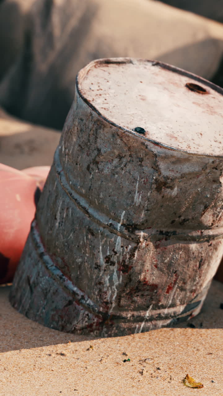 un barril oxidado en una playa de arena