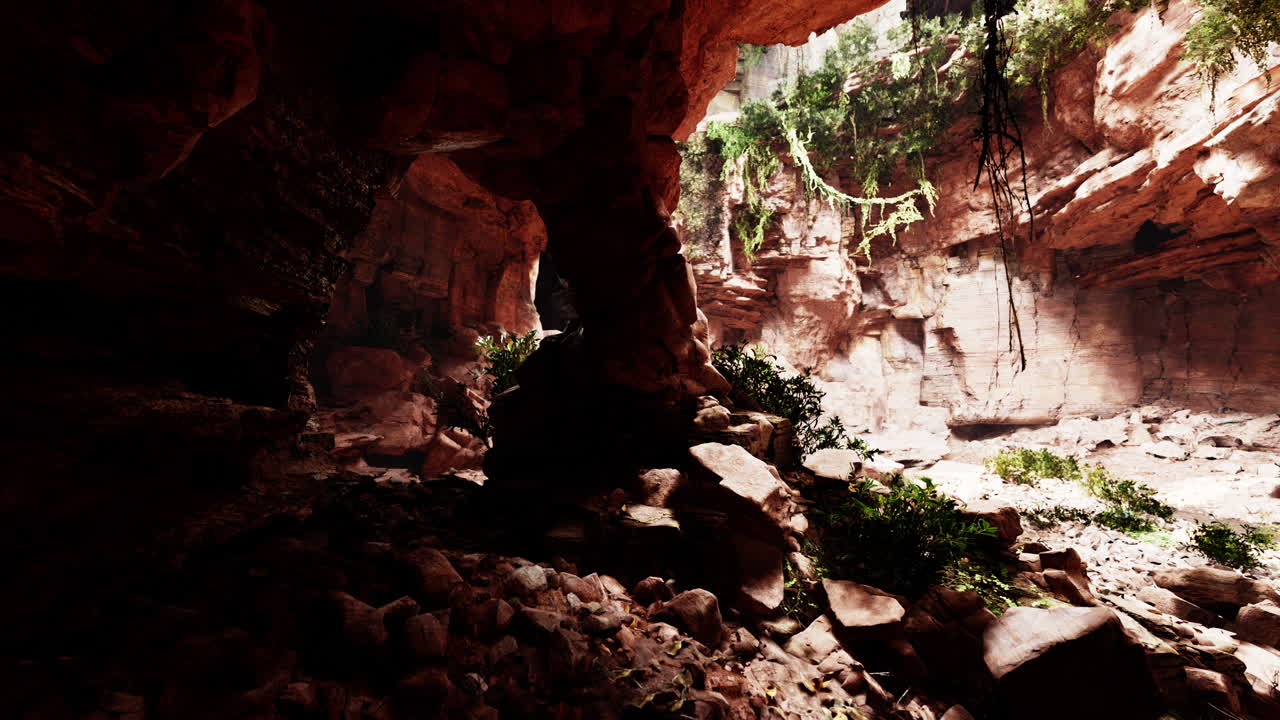 A lush canyon with a stone archway