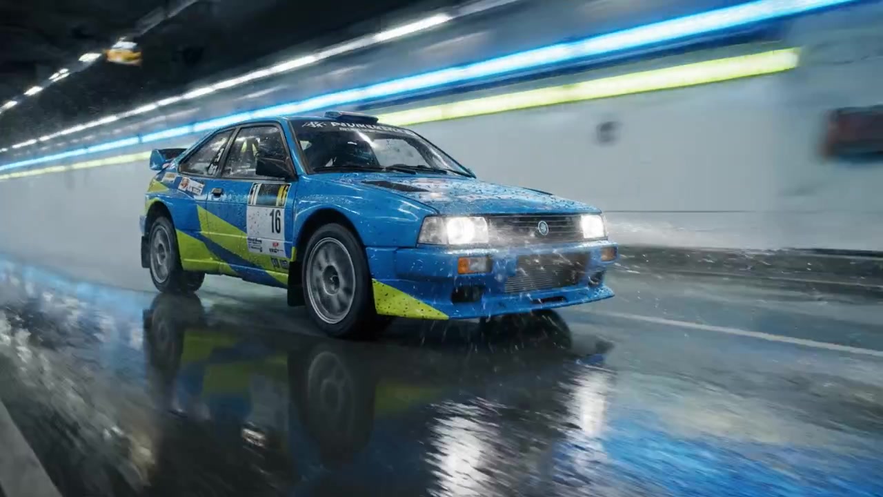 Dynamisk racerbil kører gennem en våd tunnel, med vandstænk og storslået bevægelse, der fanger spændingen ved fart og ydeevne i bilaction.