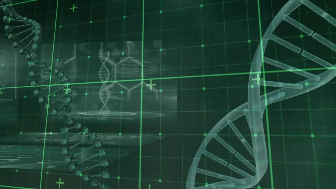 animación de la cuadrícula verde y las cadenas de adn que giran sobre los datos de procesamiento, sobre fondo verde