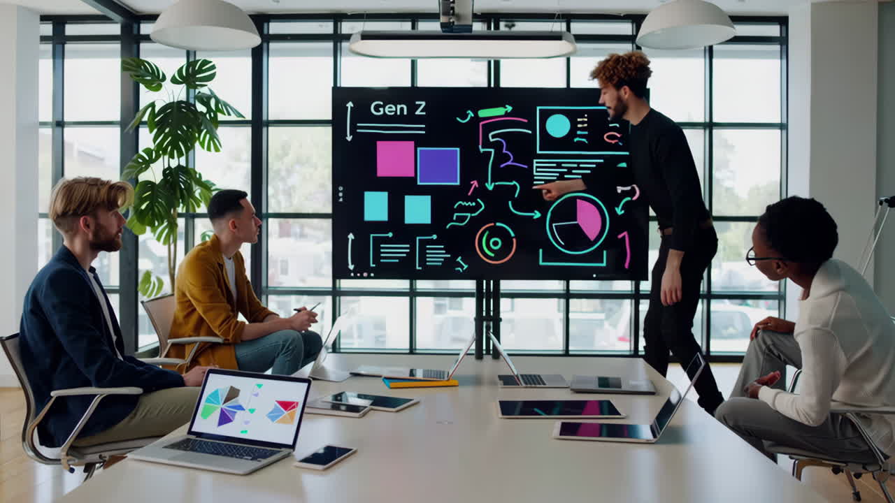 Team presenting Gen Z data visualization in a modern office meeting