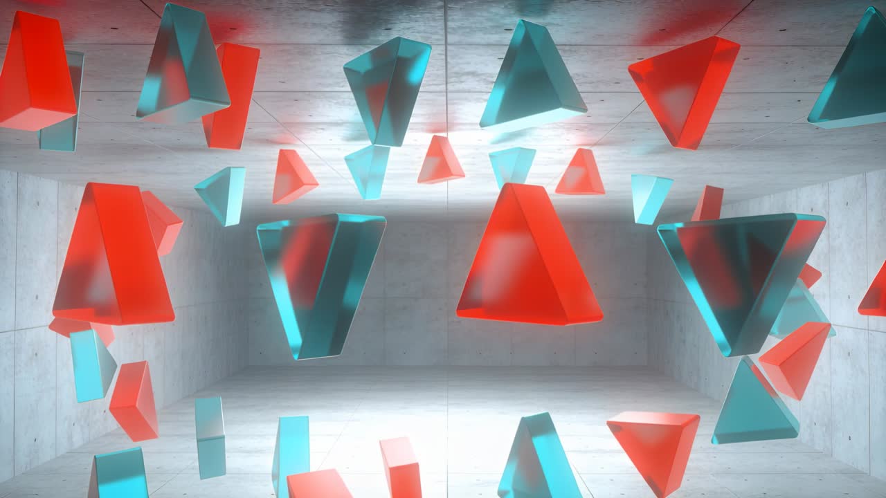 Floating red cyan triangles rotating down in concrete room central light casting glow
