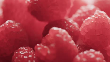 Micro video of close up of raspberries with copy space