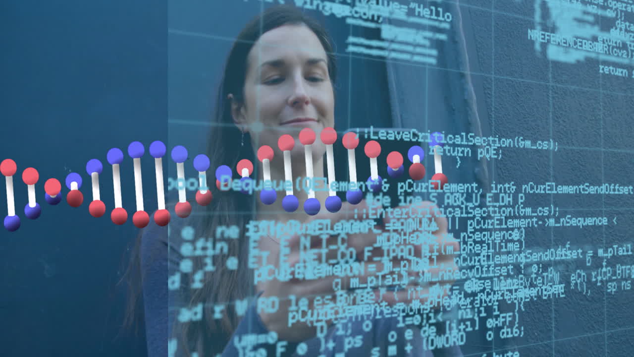 Interacting with transparent screen, woman examining DNA strand and code animation
