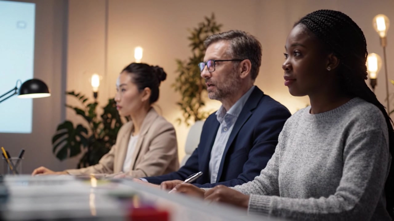 Professionisti aziendali concentrati impegnati nella collaborazione e nella discussione durante una riunione in un ambiente d'ufficio con arredamento moderno e illuminazione ambientale.