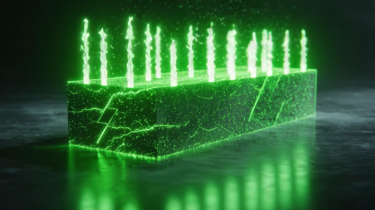 A Vibrant Green Energy Block Surrounded by Cascading Electric Water Effects Captured in Two Frames, Showcasing Dynamic Light Effects and Luminous Particles in a Dark Environment