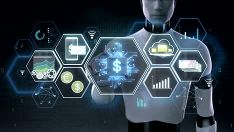 robot, cyborg tocando el icono de la tecnología financiera, la tecnología financiera y varios iconos de información. película de tamaño 4k.2.