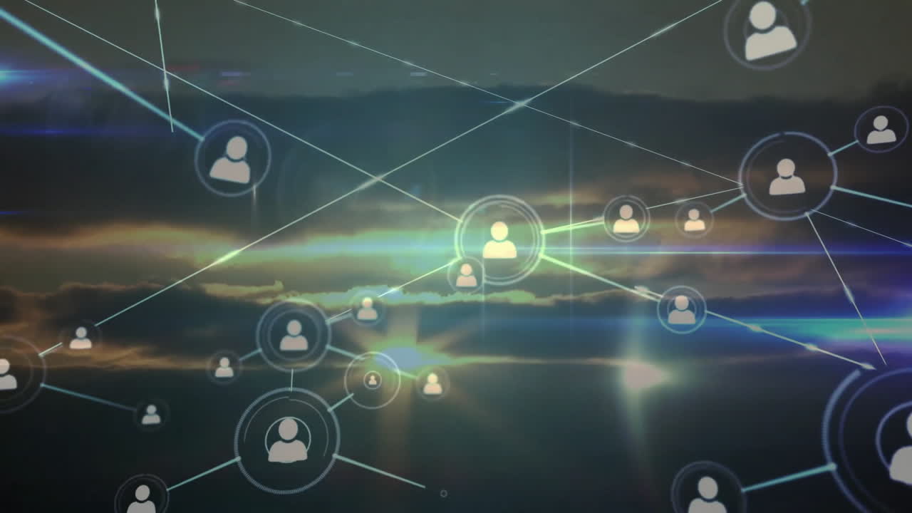 Interconnected user avatar icon network emerging over clouds, displaying glowing lines, lens flares
