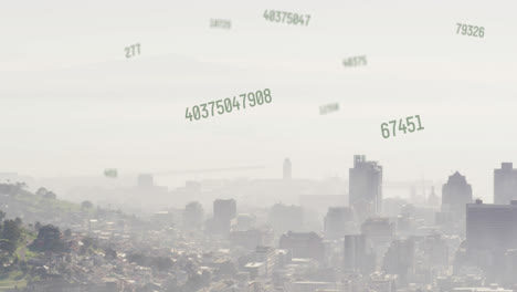 animation of changing numbers over aerial view of modern city against sky