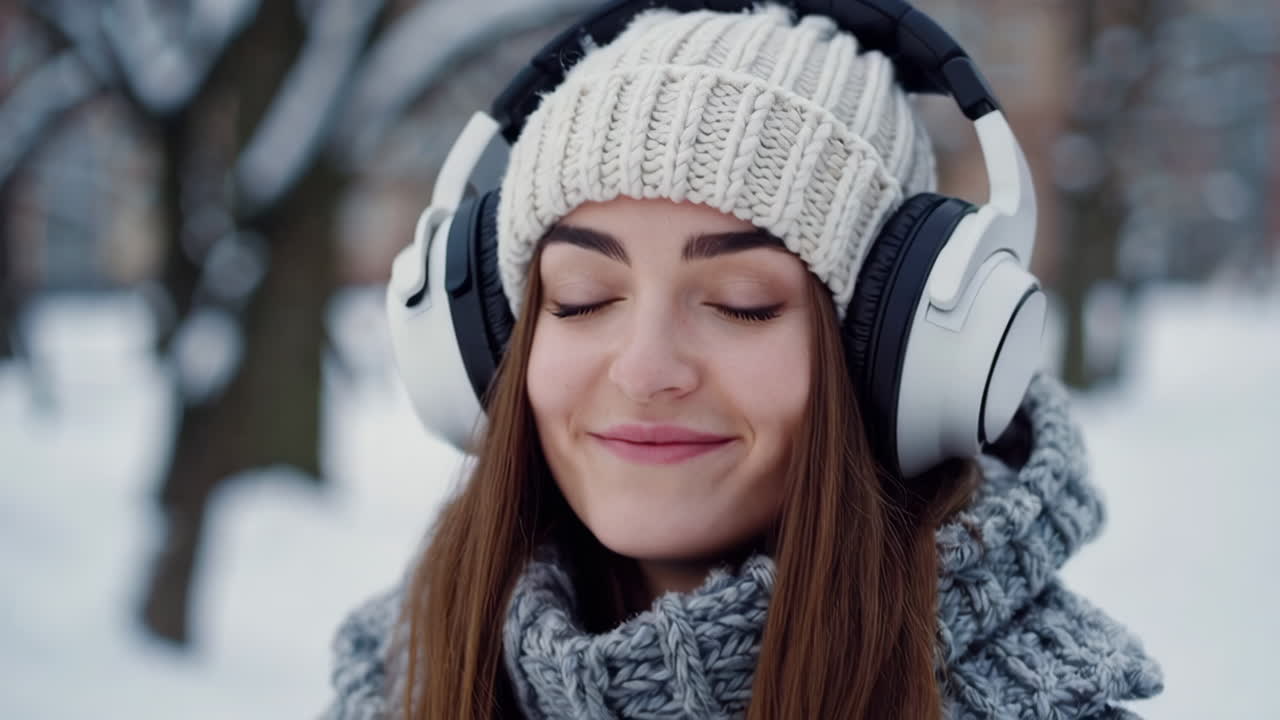 Woman Enjoying Music with Headphones in Winter Snow