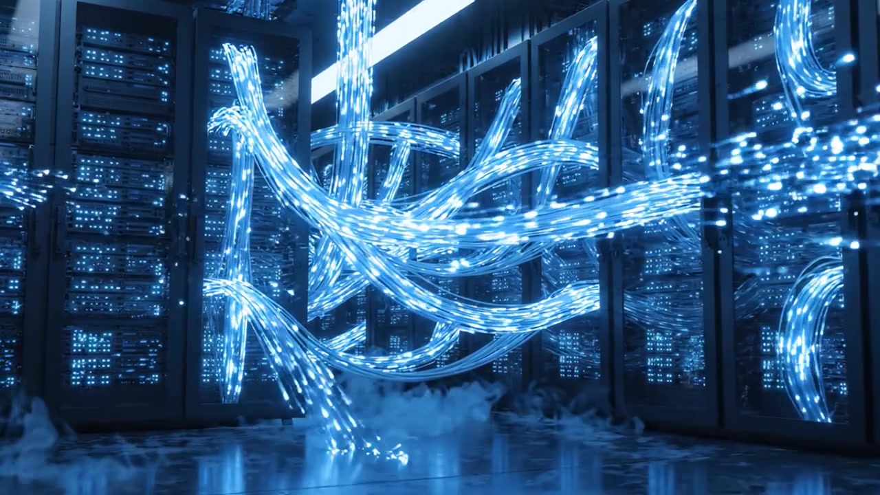 A Visually Striking Look into a Futuristic Data Center with Glowing Blue Cables Intertwining Amidst High-Tech Server Racks, Creating a Cutting-Edge Atmosphere.