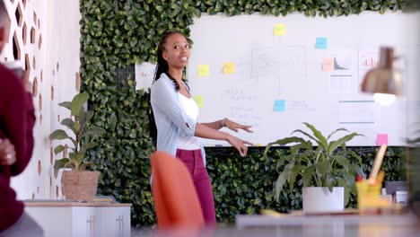 African-american-casual-businesswoman-making-presentation-at-whiteboard-in-office,-slow-motion