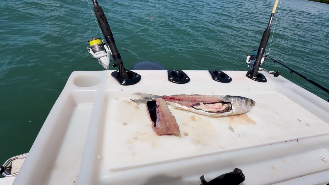 A raw mullet fish sits filleted on a white cutting board aboard a moving boat