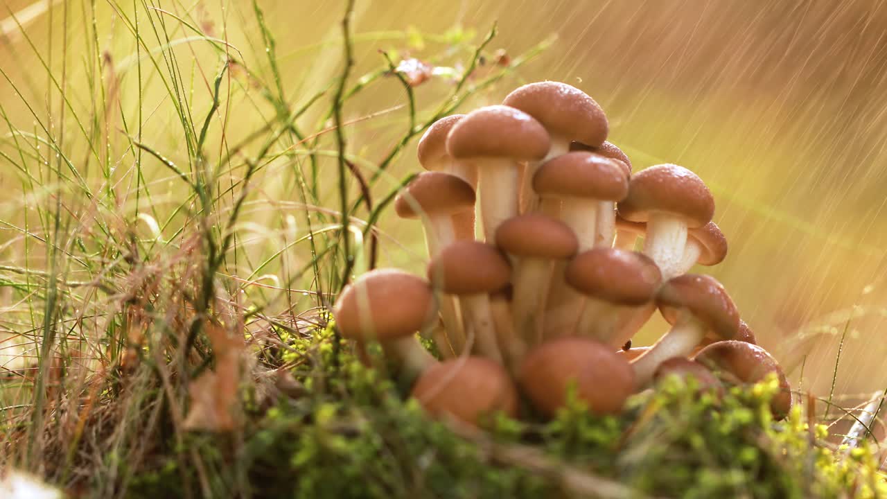 비가 오는  ⁇ 빛이 비는 숲에서  ⁇ 의 아가릭의 armillaria 버섯.