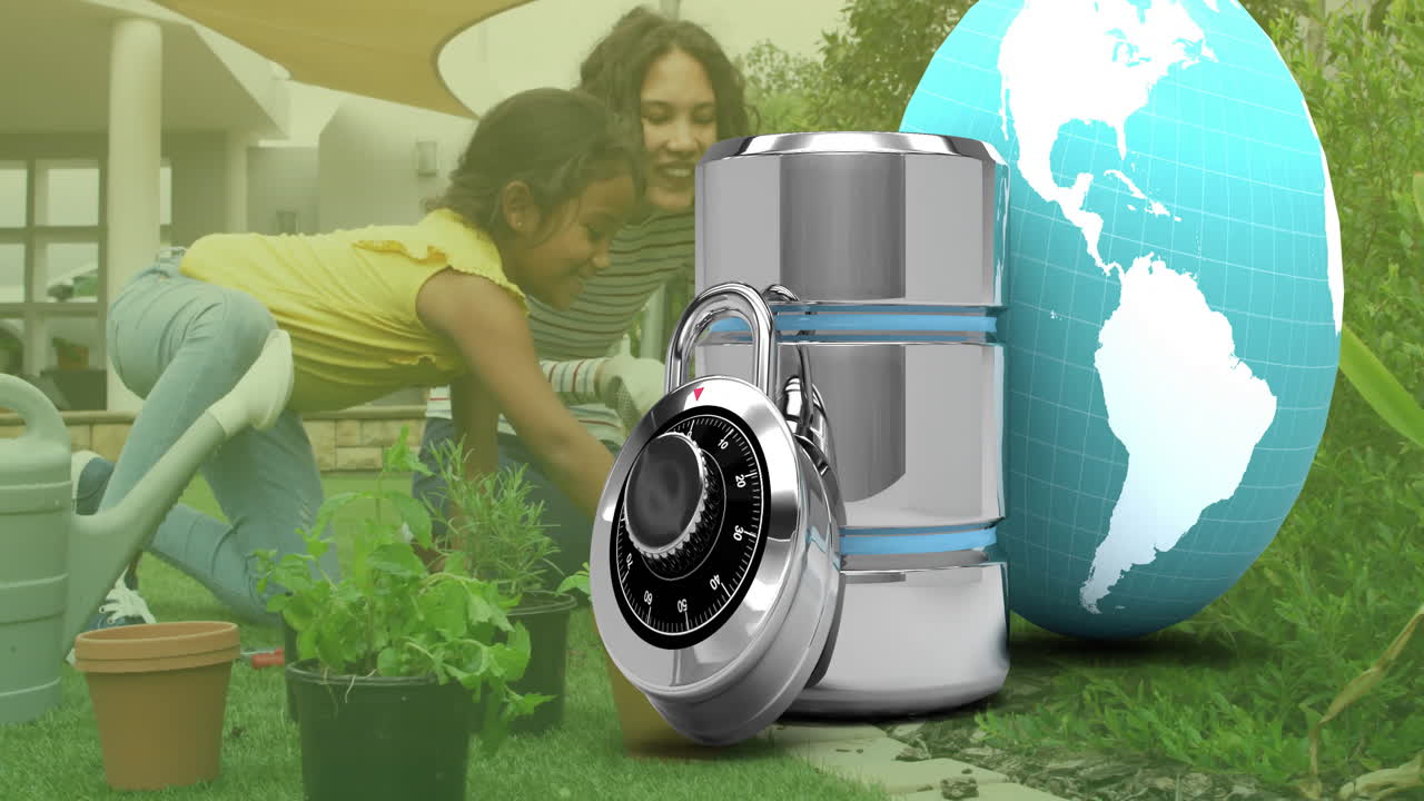 In school, children gardening with globe, lock, and container animation overlay