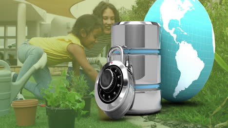 in school, children gardening with globe, lock, and container animation overlay