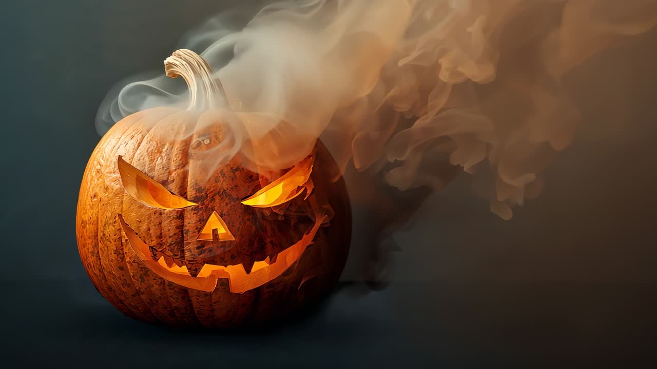 Internal light causing smoke swirling around jack-o-lantern as camera zooming closer in studio
