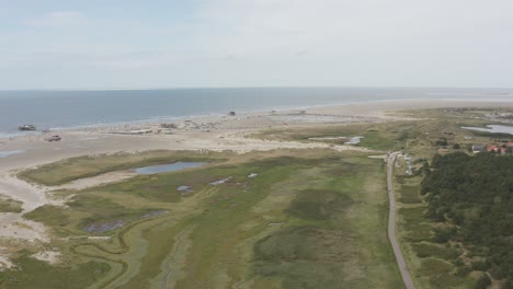 drone - aerial shot of the green and sandy nature beach of st