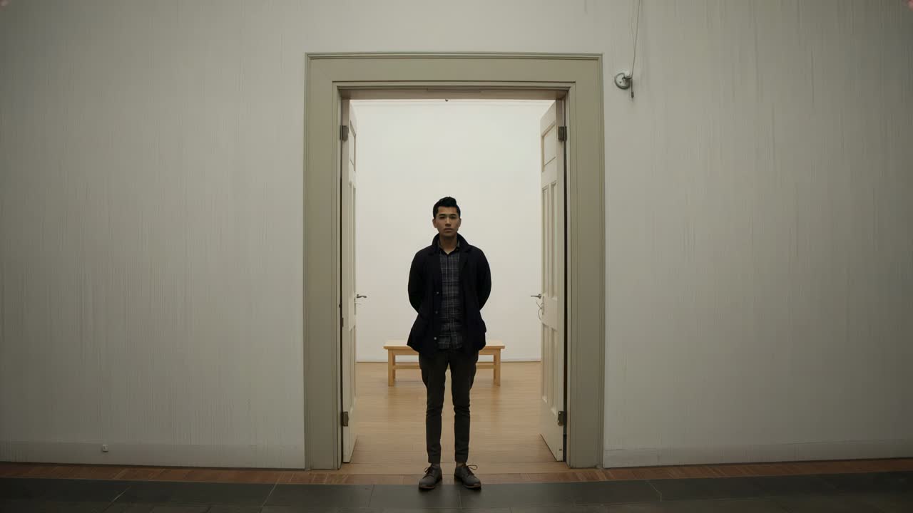 After pause, Asian man stepping forward to enter gallery in coat, second man crossing by doorway