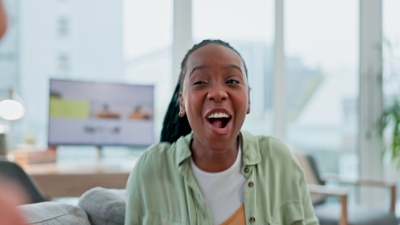 Catch, popcorn and black woman in celebration