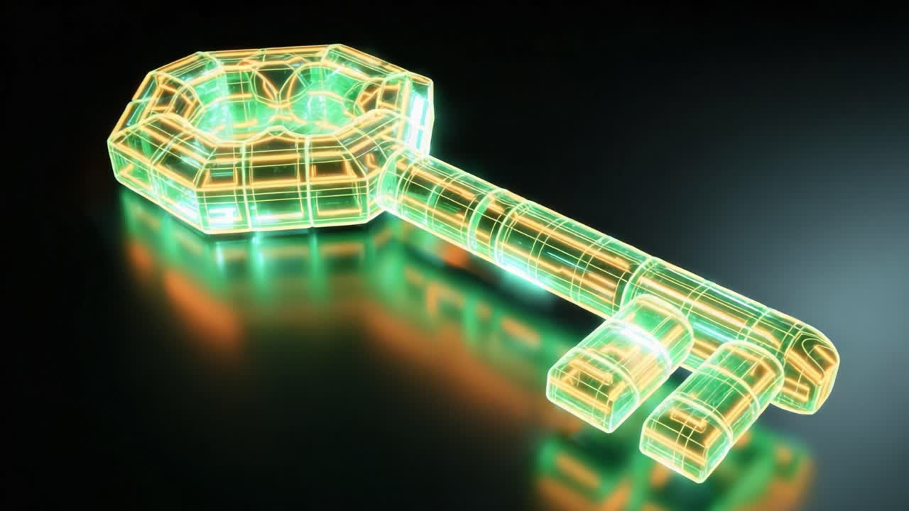 Futuristic digital key made of glowing glass and circuits slowly rotating on a reflective dark surface, symbolizing concepts of cybersecurity, encryption, access, and modern solutions